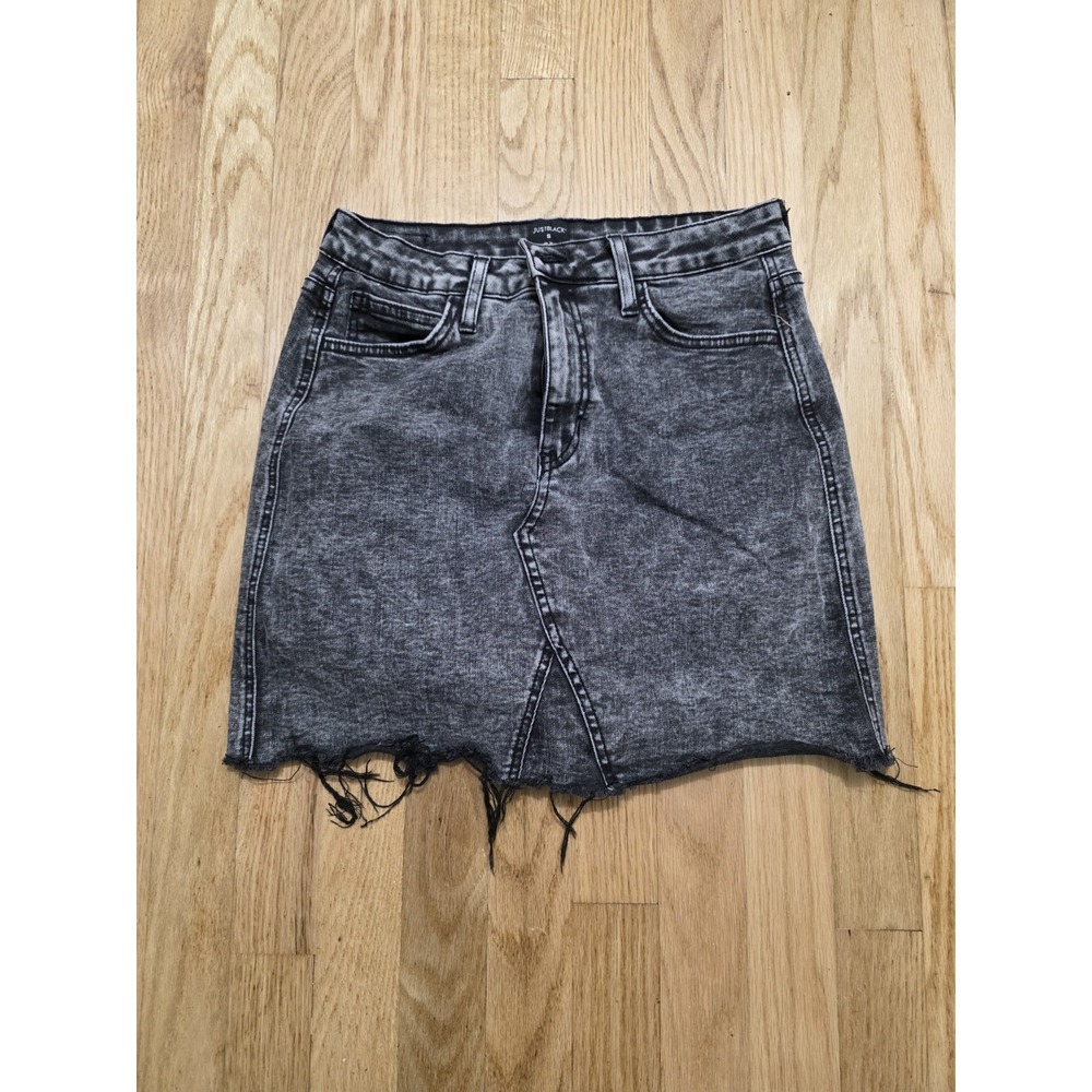 Just Black Denim Mini Skirt Size S Black Acid Wash Frayed Raw Hem Made In USA